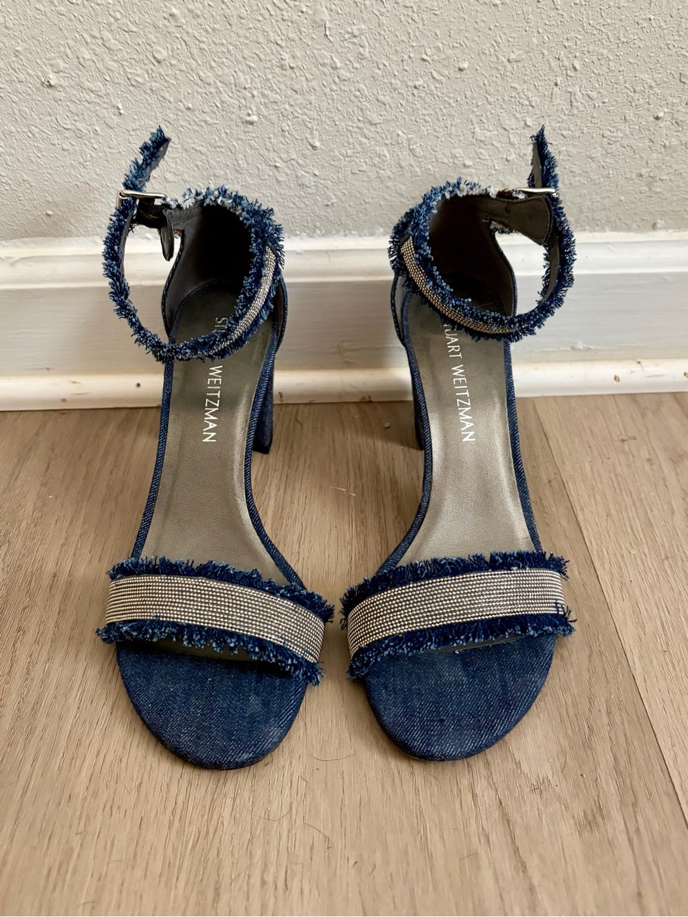Stuart Weitzman Denim Fringe Ankle-Strap Heels with Metallic Band